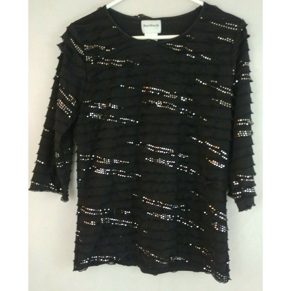 BonWorth Tops - Bon Worth 3/4 Sleeve Black Ruffled Blouse With Embellished Silver Size XS